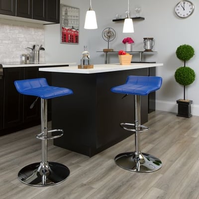 Contemporary Blue Vinyl Adjustable Height Barstool with Quilted Wave Seat and Chrome Base