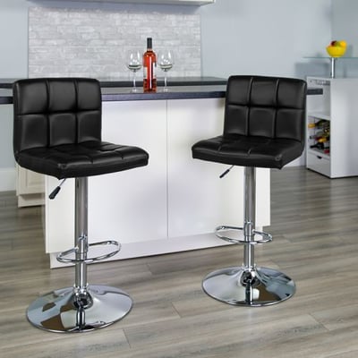 Contemporary Black Quilted Vinyl Adjustable Height Barstool with Chrome Base