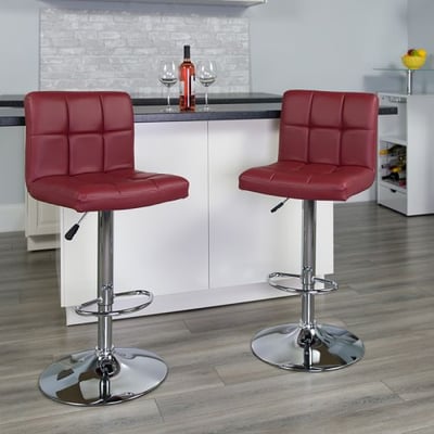 Contemporary Burgundy Quilted Vinyl Adjustable Height Barstool with Chrome Base