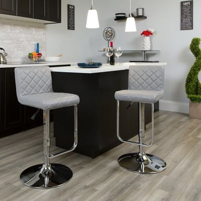 Contemporary Gray Vinyl Adjustable Height Barstool with Drop Frame and Chrome Base