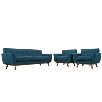 Modway EEI-1345-AZU Engage Mid-Century Modern Upholstered Sofa and Armchairs, Set of 3 Azure