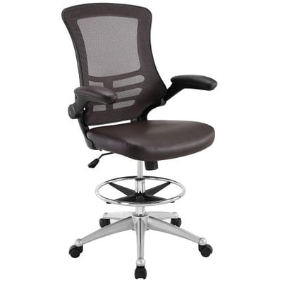 Modway Attainment Drafting Chair In Brown - Reception Desk Chair - Tall Office Chair For Adjustable Standing Desks - Flip-Up Arm Drafting Table Chair