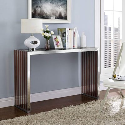 Modway Gridiron Contemporary Modern Stainless Steel Console Table With Wood Inlay