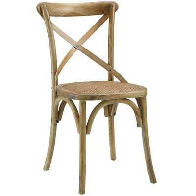 Modway Gear Modern Farmhouse Cross Back Solid Elm Wood Dining Side Chair With Rattan Seat In Natural