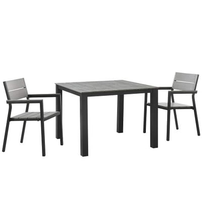Modway Maine 3-Piece Aluminum Dining Table And Chair Outdoor Patio Set in Brown Gray
