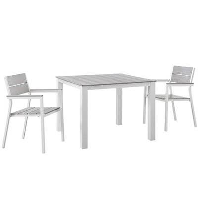 Modway Maine 3-Piece Aluminum Dining Table And Chair Outdoor Patio Set in White Light Gray