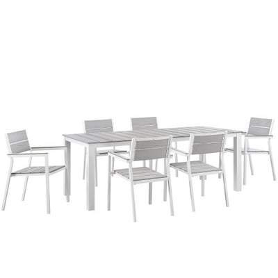 Modway Maine 7-Piece Aluminum Dining Table and Chair Outdoor Patio Set in White Light Gray