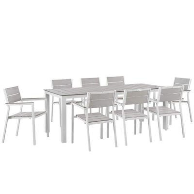 Modway Maine 9-Piece Aluminum Dining Table And Chair Outdoor Patio Set in White Light Gray