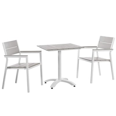 Modway Maine 3-Piece Aluminum Dining Table and Chair Outdoor Patio Set in White Light Gray