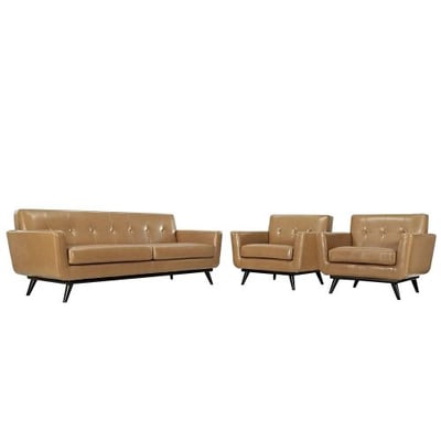 Modway EEI-1763-TAN-SET Engage Mid-Century Modern Upholstered Leather Sofa and Two Armchair Living Room Set Tan