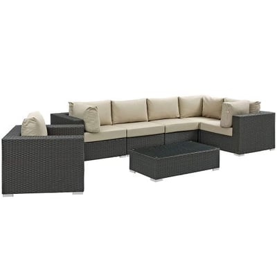 Modway Sojourn Casual Dining 7 Piece Outdoor Patio Rattan Sectional Set With Sunbrella Brand Antique Beige Canvas Cushions