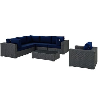 Modway Sojourn Casual Dining 7 Piece Outdoor Patio Rattan Sectional Set With Sunbrella Brand Navy Canvas Cushions