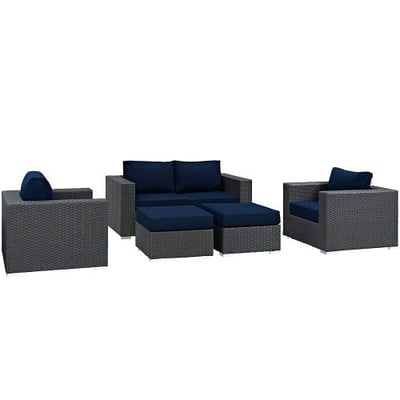 Modway Sojourn Casual Seating 5 Piece Outdoor Patio Rattan Sectional Set With Sunbrella Brand Navy Canvas Cushions