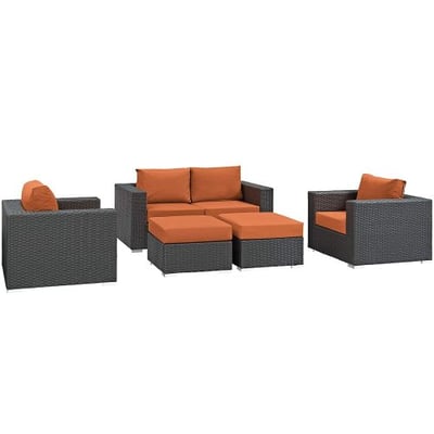 Modway Sojourn Casual Seating 5 Piece Outdoor Patio Rattan Sectional Set With Sunbrella Brand Tuscan Orange Canvas Cushions