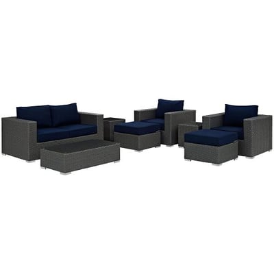 Modway Sojourn Casual Seating 8 Piece Outdoor Patio Rattan Dining Set With Umbrella And Sunbrella Brand Navy Canvas Cushions