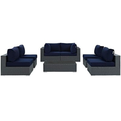 Modway Sojourn Casual Dining 7 Piece Outdoor Patio Rattan Sectional Set With Sunbrella Brand Navy Canvas Cushions