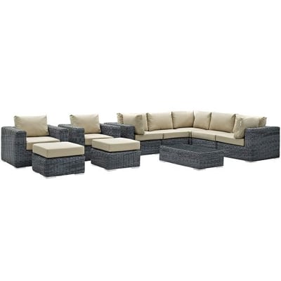 Modway Summon 10 Piece Outdoor Patio Sectional Set With Sunbrella Brand Antique Beige Canvas Cushions