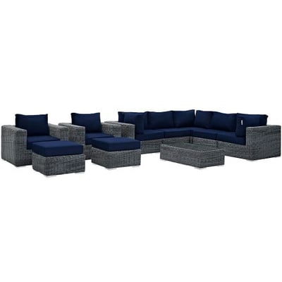 Modway Summon 10 Piece Outdoor Patio Sectional Set With Sunbrella Brand Navy Canvas Cushions
