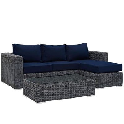 Modway Summon 3 Piece Outdoor Patio Sectional Set With Sunbrella Brand Navy Canvas Cushions