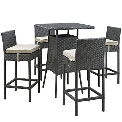 Modway Sojourn 5 Piece Outdoor Patio Rattan Pub Set With Tempered Glass Top And Sunbrella Brand Antique Beige Canvas Cushions