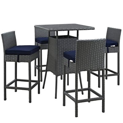 Modway Sojourn 5 Piece Outdoor Patio Rattan Pub Set With Tempered Glass Top And Sunbrella Brand Navy Canvas Cushions