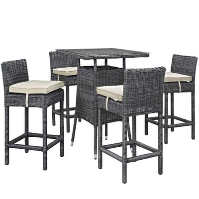 Modway Summon 5 Piece Outdoor Patio Pub Set With Tempered Glass Top And Sunbrella Brand Antique Beige Canvas Cushions