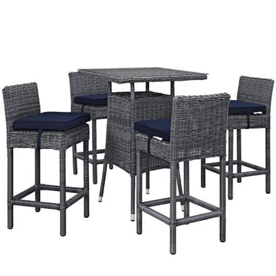 Modway Summon 5 Piece Outdoor Patio Pub Set With Tempered Glass Top And Sunbrella Brand Navy Canvas Cushions
