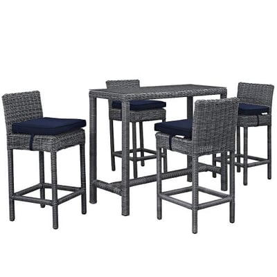 Modway Summon 5 Piece Outdoor Patio Pub Set With Tempered Glass Top And Sunbrella Brand Navy Canvas Cushions