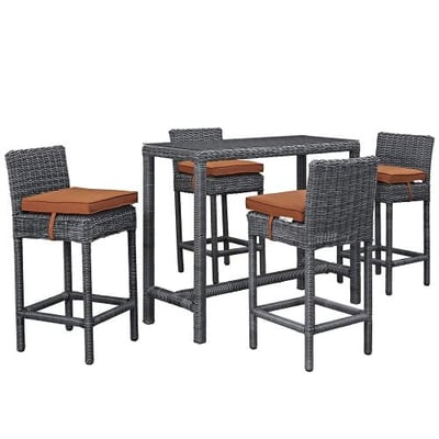 Modway Summon 5 Piece Outdoor Patio Pub Set With Tempered Glass Top And Sunbrella Brand Tuscan Orange Canvas Cushions