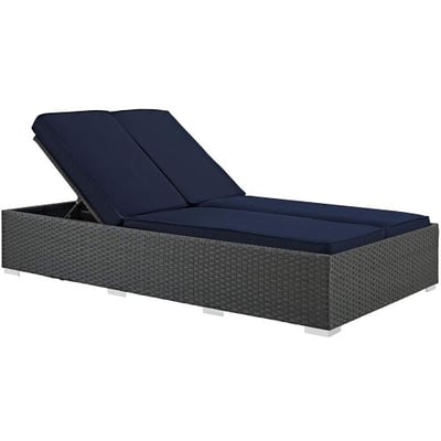 Modway Sojourn Outdoor Patio Rattan Double Chaise Lounge With Sunbrella Brand Navy Canvas Cushions