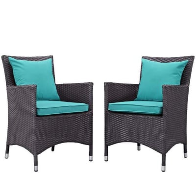 Modway Convene Wicker Rattan Outdoor Patio Dining Armchairs With Cushions in Espresso Turquoise - Set of 2