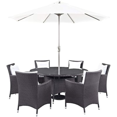 Modway Convene Wicker Rattan 8-Piece Outdoor Patio Dining Set With Umbrella in Espresso White