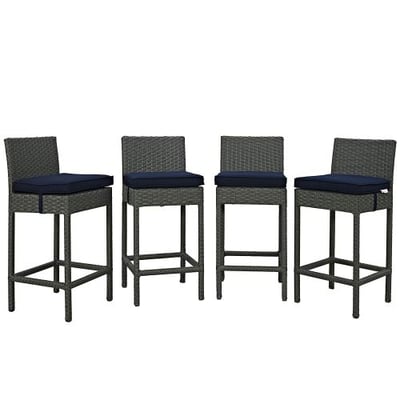 Modway Sojourn 4 Piece Outdoor Patio Bar Stools Pub Set With Sunbrella Brand Navy Canvas Cushions
