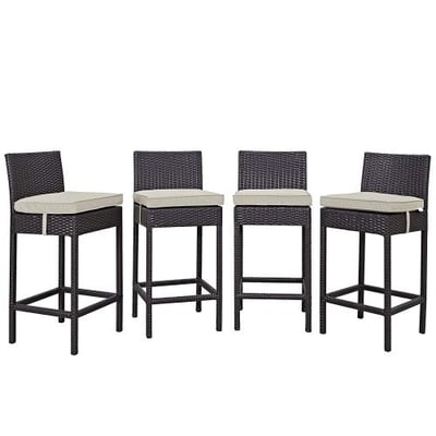 Modway Convene Wicker Rattan Outdoor Patio Bar Stools With Cushions in Espresso Beige - Set of 4