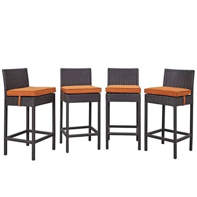 Modway Convene Wicker Rattan Outdoor Patio Bar Stools With Cushions in Espresso Orange - Set of 4
