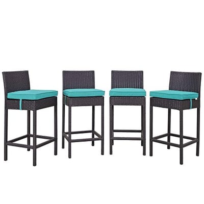 Modway Convene Wicker Rattan Outdoor Patio Bar Stools With Cushions in Espresso Turquoise - Set of 4