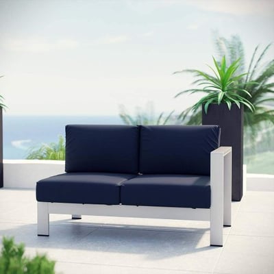 Modway Shore Aluminum Outdoor Patio Right Arm Loveseat in Silver Navy