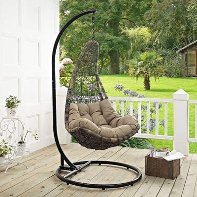 Modway EEI-2276-BLK-MOC-SET Abate Wicker Rattan Outdoor Patio Balcony Porch Lounge Swing Chair Set with Stand Black Mocha