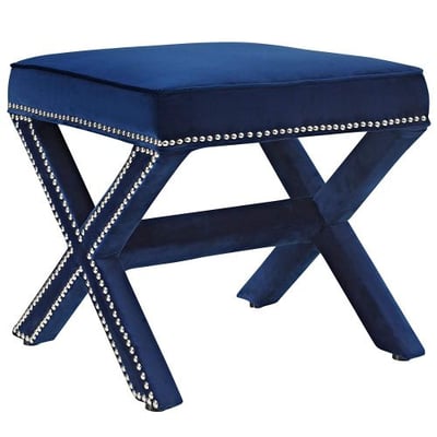 Modway Rivet X-Base Entryway Modern Bench With Navy Velvet Upholstery and Nailhead Trim