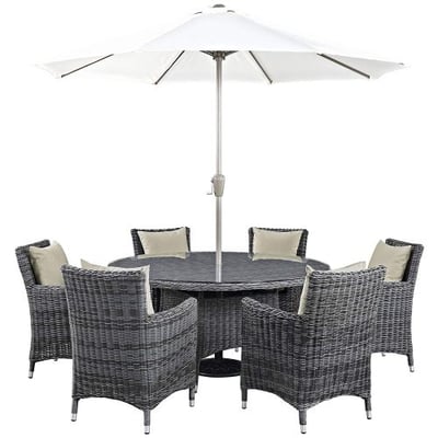 Modway Summon 8 Piece Outdoor Patio Dining Set With Umbrella And Sunbrella Brand Antique Beige Canvas Cushions