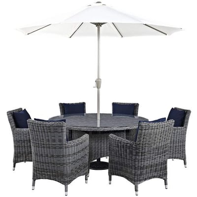 Modway Summon 8 Piece Outdoor Patio Dining Set With Umbrella And Sunbrella Brand Navy Canvas Cushions