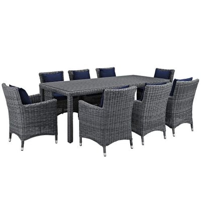 Modway Summon 9 Piece Outdoor Patio Dining Set With Umbrella And Sunbrella Brand Navy Canvas Cushions