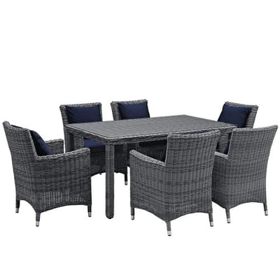 Modway Summon 7 Piece Outdoor Patio Dining Set With Sunbrella Brand Navy Canvas Cushions