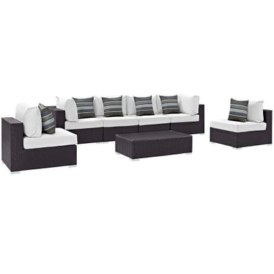 Modway Convene Wicker Rattan 7-Piece Outdoor Patio Sectional Sofa Furniture Set in Espresso White