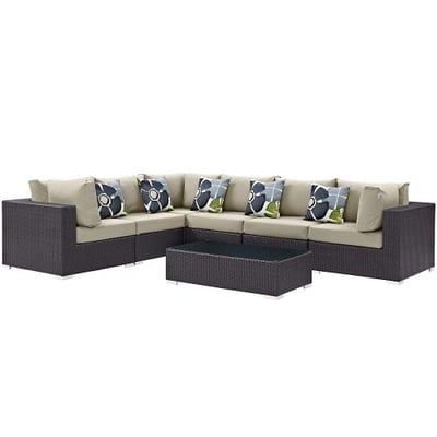 Modway Convene Wicker Rattan 7-Piece Outdoor Patio Sectional Sofa Furniture Set in Espresso Beige