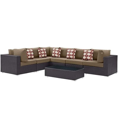 Modway Convene Wicker Rattan 7-Piece Outdoor Patio Sectional Sofa Furniture Set in Espresso Mocha