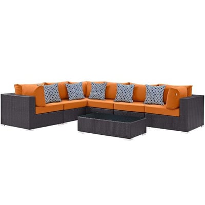 Modway Convene Wicker Rattan 7-Piece Outdoor Patio Sectional Sofa Furniture Set in Expresso Orange
