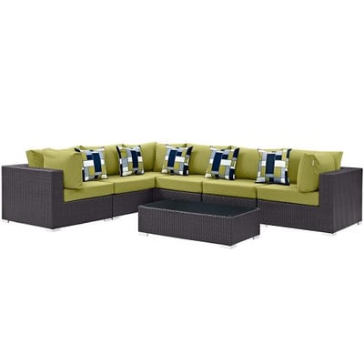 Modway Convene Wicker Rattan 7-Piece Outdoor Patio Sectional Sofa Furniture Set in Expresso Peridot