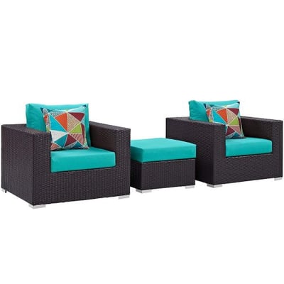 Modway Convene Wicker Rattan 3-Piece Outdoor Patio Furniture Set in Espresso Turquoise