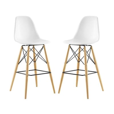 Modway Pyramid Bar Stools with Natural Wood Legs in White - Set of 2